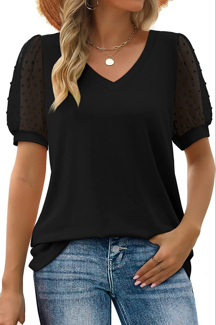 Della | Women's Cotton V-Neck Swiss Dot Mesh Puff Sleeve Top
