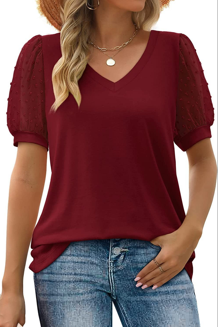 Della | Women's Cotton V-Neck Swiss Dot Mesh Puff Sleeve Top