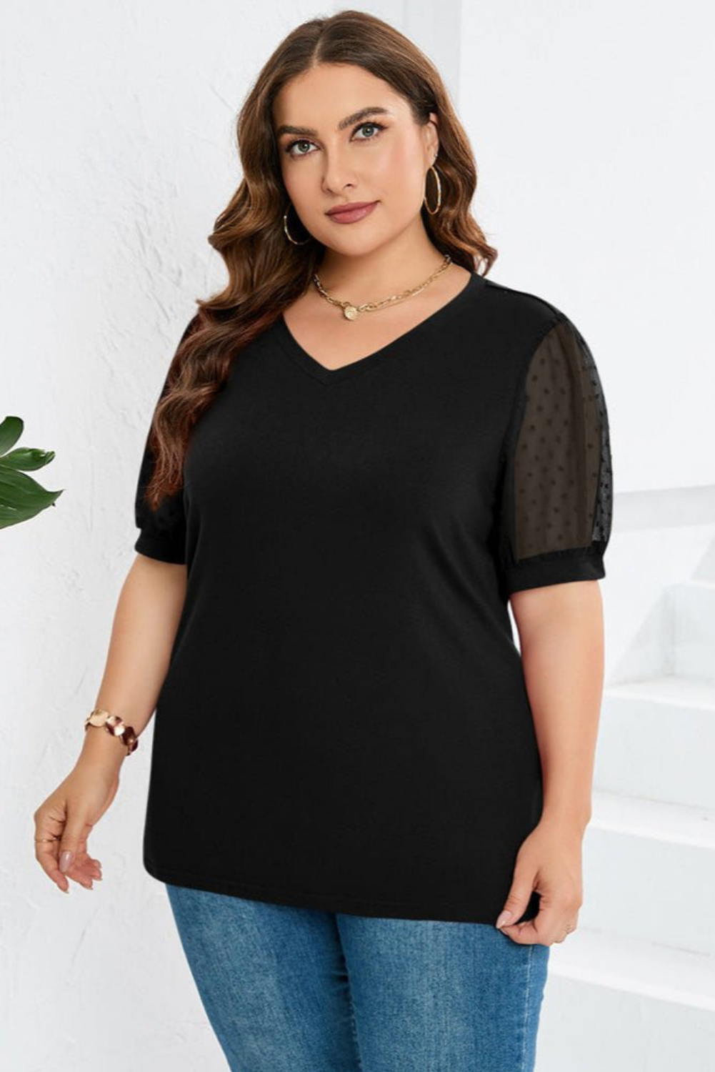 Della | Women's Cotton V-Neck Swiss Dot Mesh Puff Sleeve Top