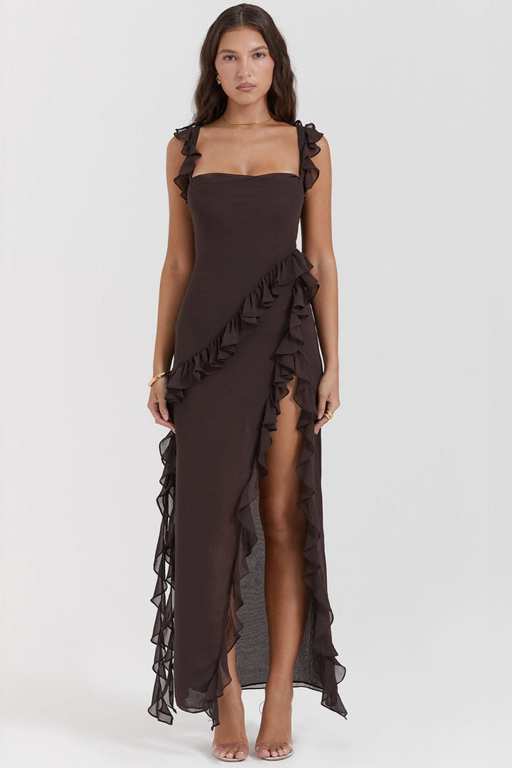 Long Dress with Ruffles and Front Slit | Ideal for Spring and Summer