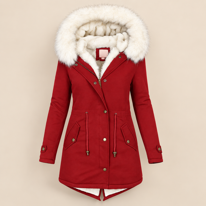 Long women's parka with fur-lined hood and adjustable waist