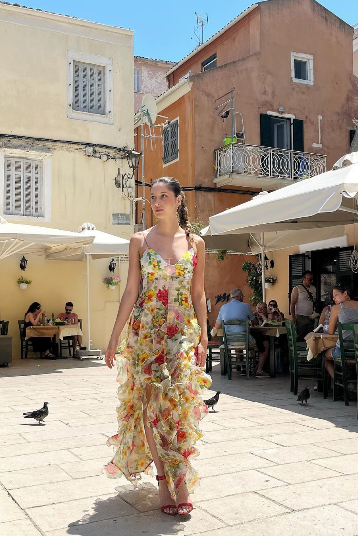 Velora ™ | Rose-print chiffon maxi dress with slit