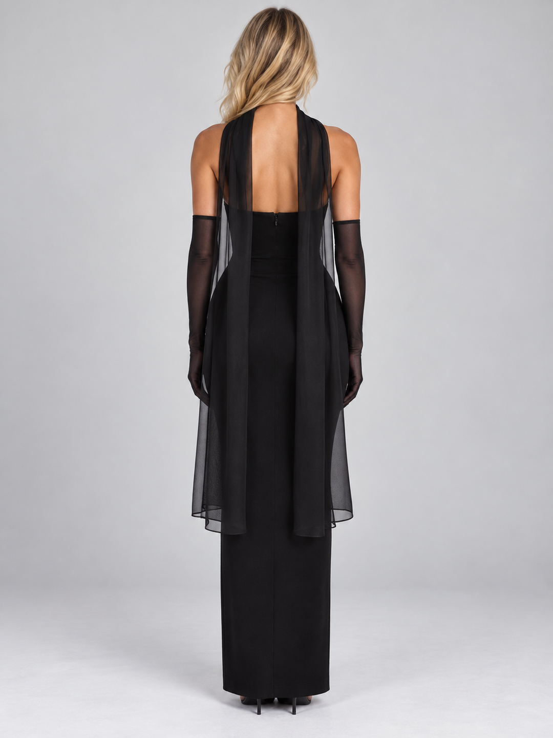 Women’s Strapless Maxi Dress Sheer Gloves & Chiffon Scarf, view 2 - Elena Harper
