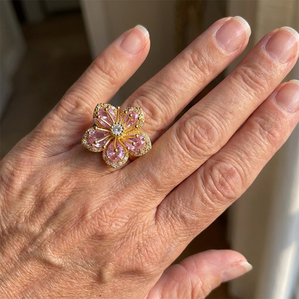 Elegant Gold Plated Pink Zirconia Flower Ring - Elena Harper