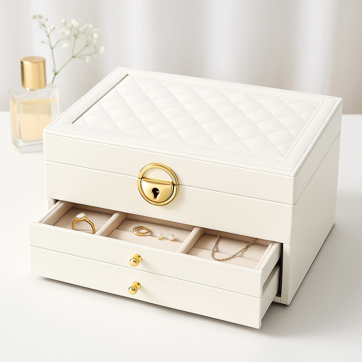 Women's Luxury Multi-Layer Jewellery Organizer with Drawers & Lock, view 2 - Elena Harper