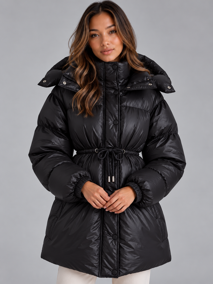 Women's Hooded Puffer Coat – Padded Drawstring Waist