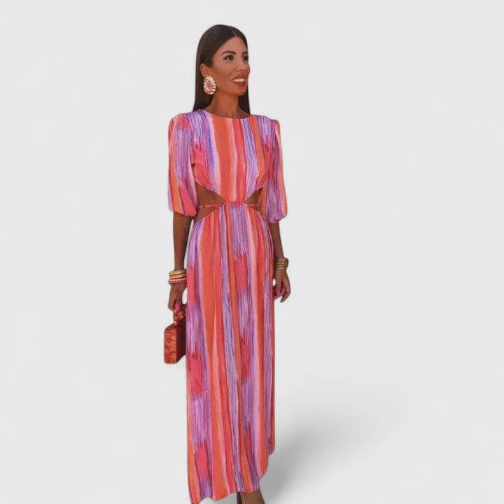 Olyzzanna™ elegant backless tie-dye maxi dress for women with halter neckline, long length, and half sleeves in vibrant summer style