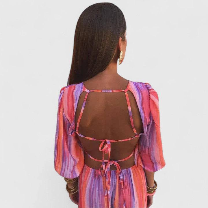 Olyzzanna™ elegant backless tie-dye maxi dress for women with round neckline, half sleeves, and open back, perfect for summer.