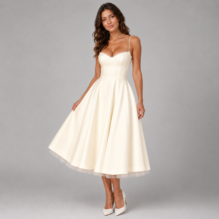 Montarello Women's Corset Midi Dress with Full Skirt – Wedding Guest Outfit