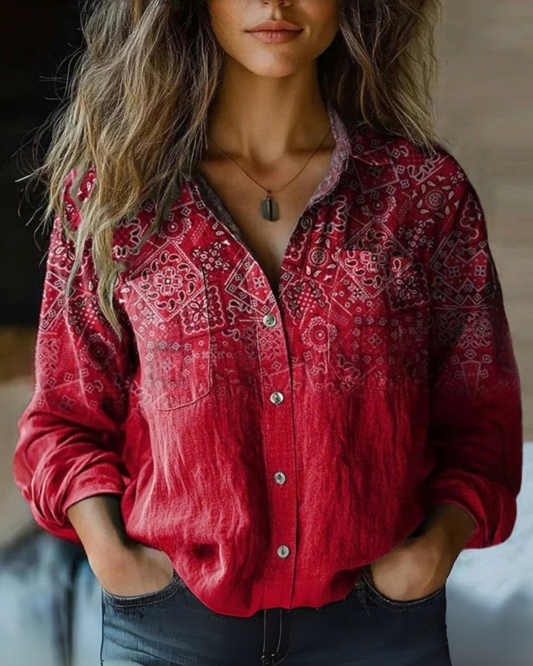 Mónica | Women's Vintage Blouse with Long Sleeves and Button Design
