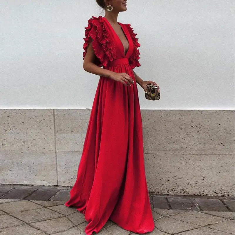 Elegant Maxi Evening Dress for Women with Ruched Sleeves - Kailey