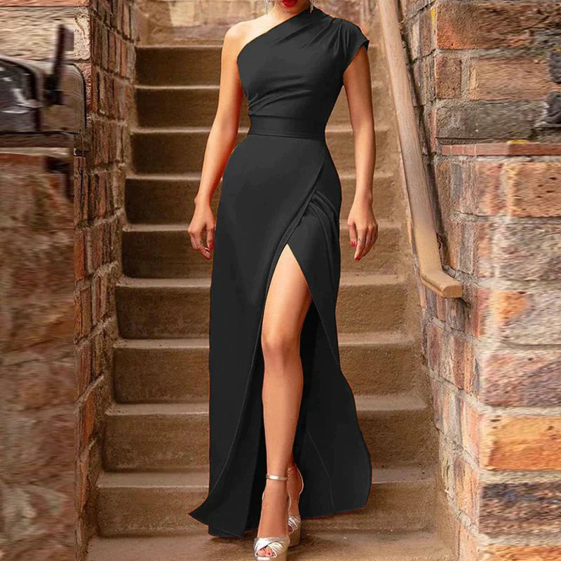 Elegant One-Shoulder Maxi Evening Dress for Women with High Slit - Prue