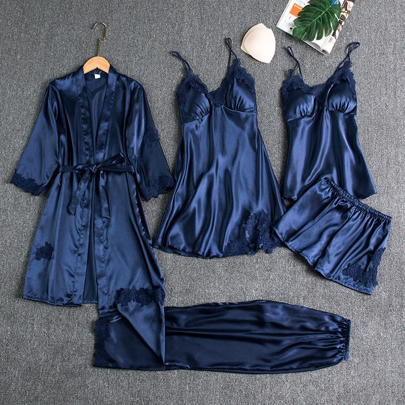Women's Five-Piece Pajama Set with Robe, Shorts, and Lace Trim - Elena Harper