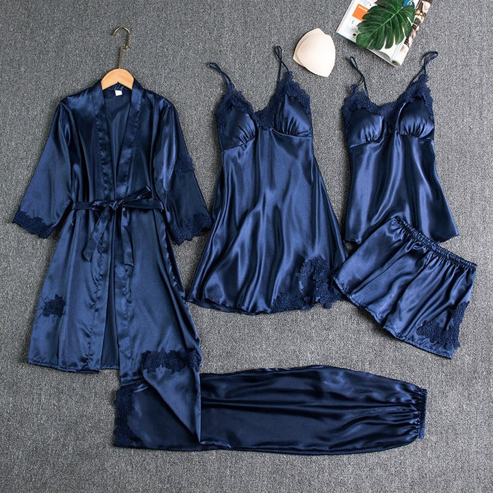 Women's Five-Piece Pajama Set with Robe, Shorts, and Lace Trim - Elena Harper