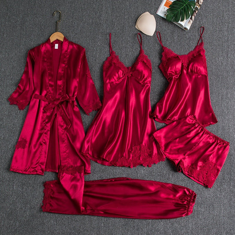 Women's Five-Piece Pajama Set with Robe, Shorts, and Lace Trim, view 2 - Elena Harper