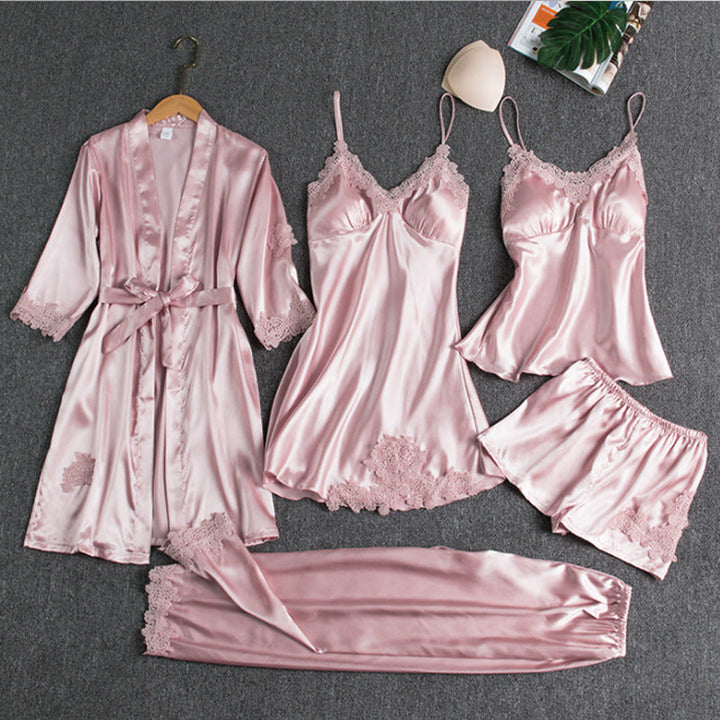 Women's Five-Piece Pajama Set with Robe, Shorts, and Lace Trim, view 3 - Elena Harper