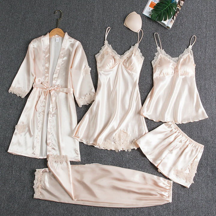 Women's Five-Piece Pajama Set with Robe, Shorts, and Lace Trim, view 4 - Elena Harper