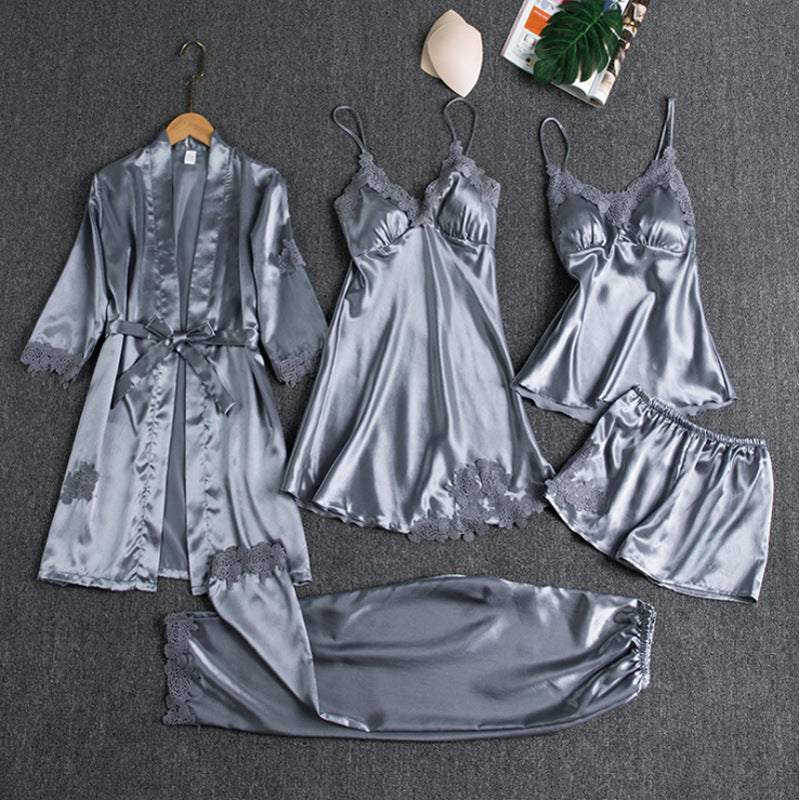 Women's Five-Piece Pajama Set with Robe, Shorts, and Lace Trim, view 5 - Elena Harper