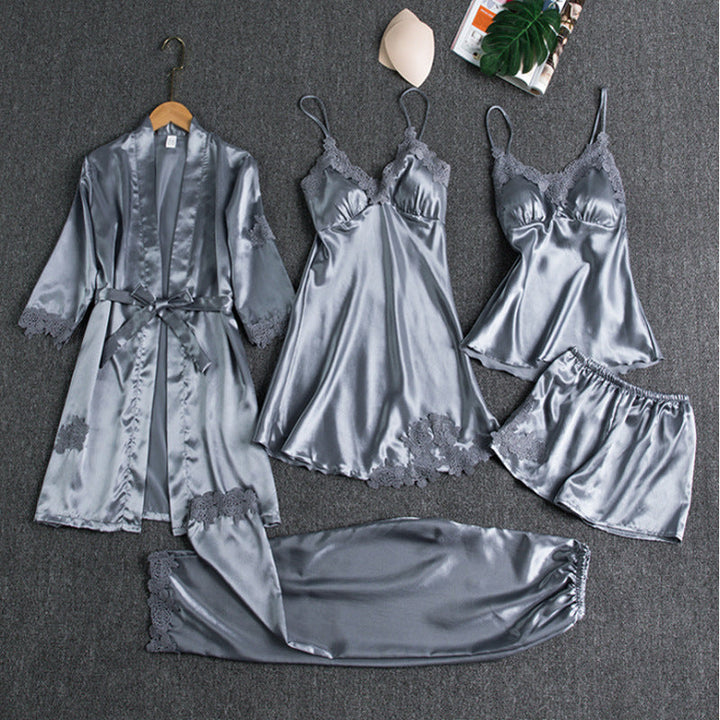 Women's Five-Piece Pajama Set with Robe, Shorts, and Lace Trim, view 5 - Elena Harper