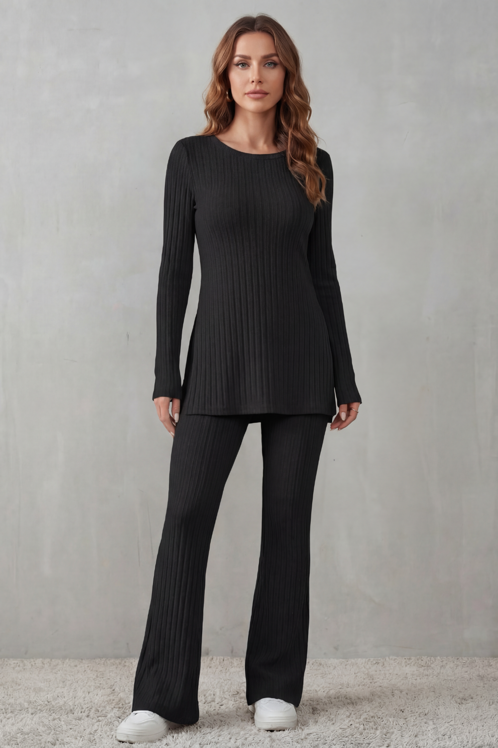 Women's Ribbed Tunic Top and Flared Trouser Co-ord Set Evrienne, view 6 - Elena Harper