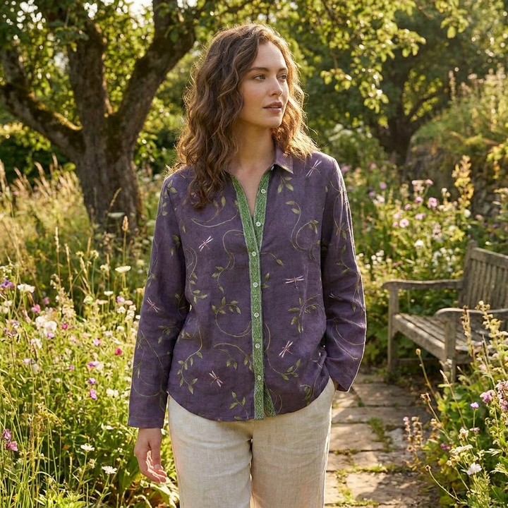 Elvira | Purple Printed Blouse with Mao Collar and Long Sleeves for Women