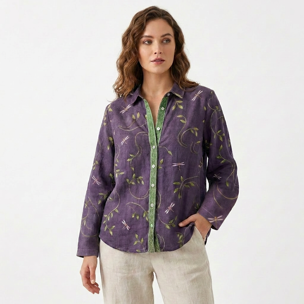 Elvira | Purple Printed Blouse with Mao Collar and Long Sleeves for Women