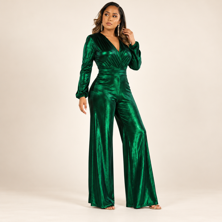 Ladies Shiny Jumpsuit with V-Neck and Wide Legs