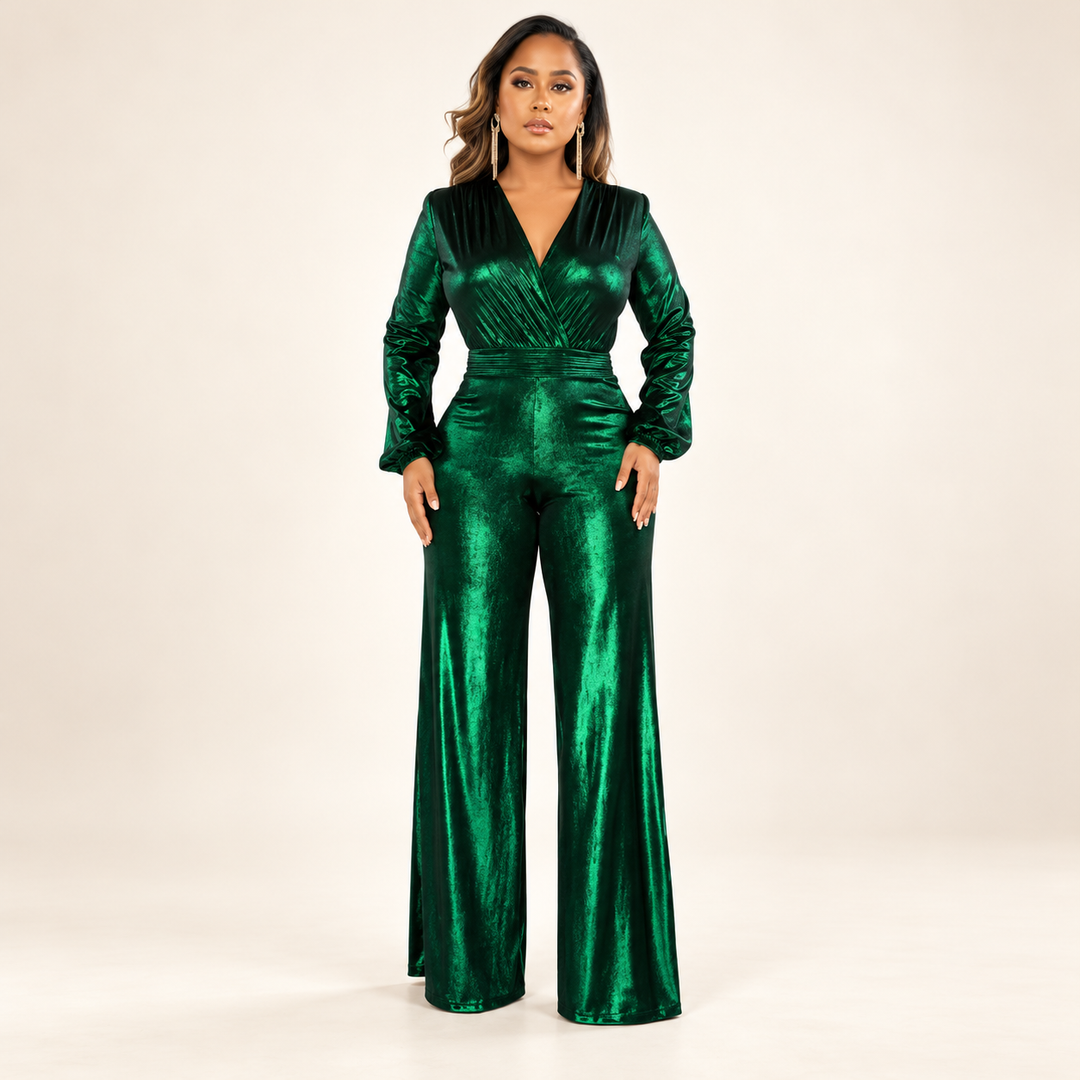 Ladies Shiny Jumpsuit with V-Neck and Wide Legs