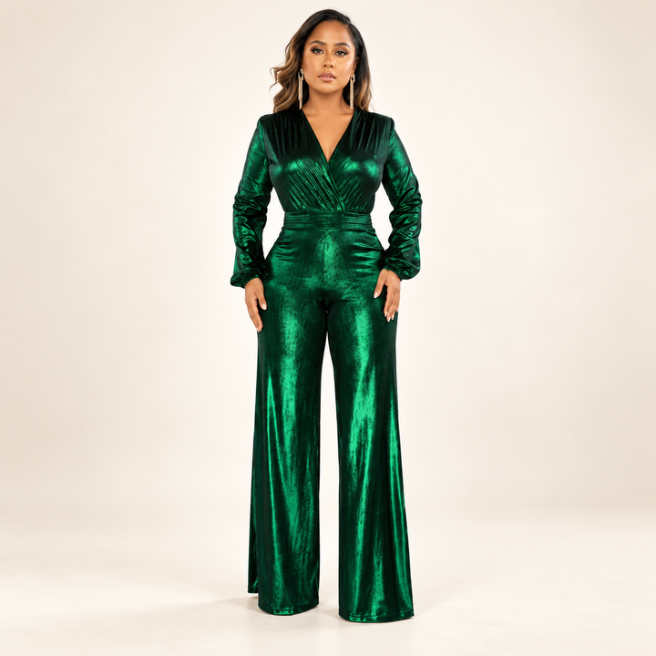 Ladies Shiny Jumpsuit with V-Neck and Wide Legs