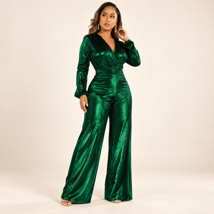 Ladies Shiny Jumpsuit with V-Neck and Wide Legs