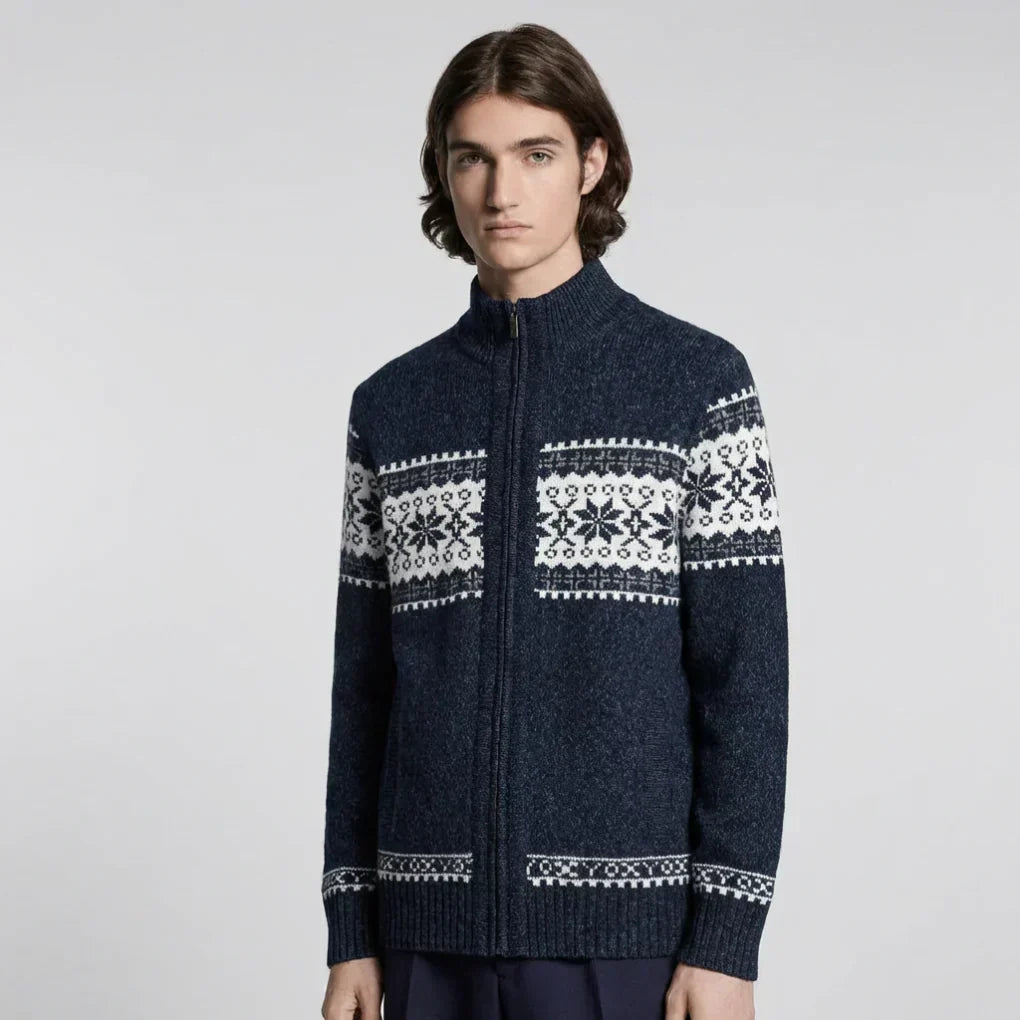 Men's Vest with Zipper Nordic Pattern and Stand-Up Collar