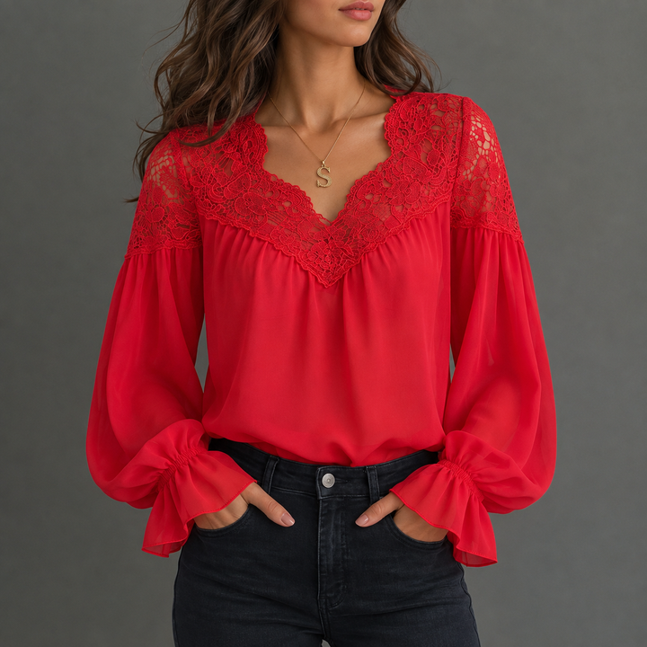 Esmé | Lace-Trim V-Neck Ruffle Sleeve Blouse