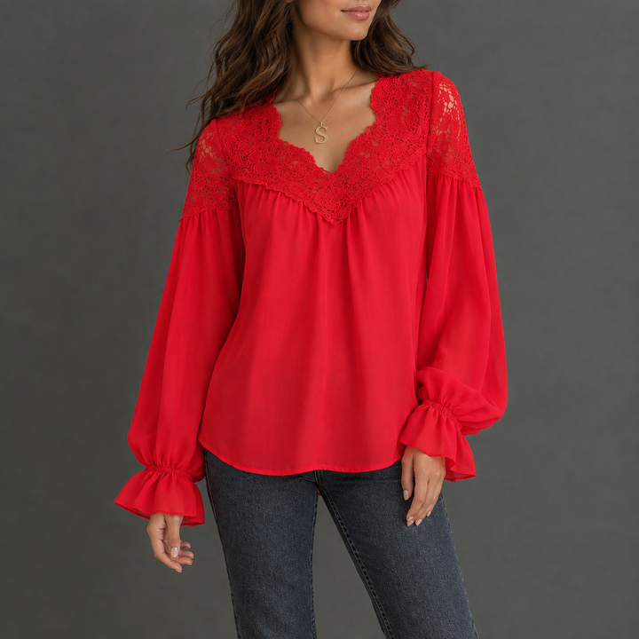 Esmé | Lace-Trim V-Neck Ruffle Sleeve Blouse