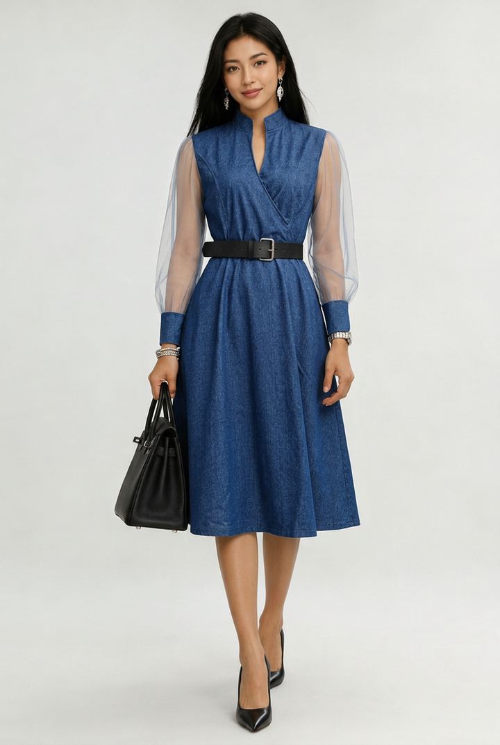 Etta Blue Denim Wrap Midi Dress with Sheer Sleeves & Belt