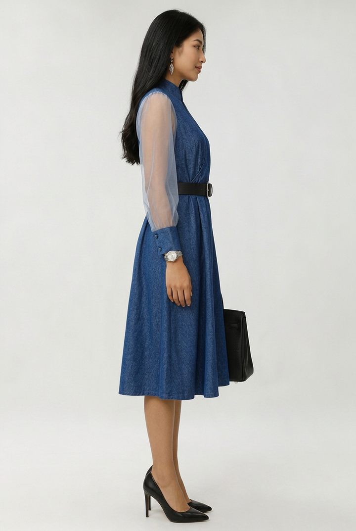 Etta Blue Denim Wrap Midi Dress with Sheer Sleeves & Belt