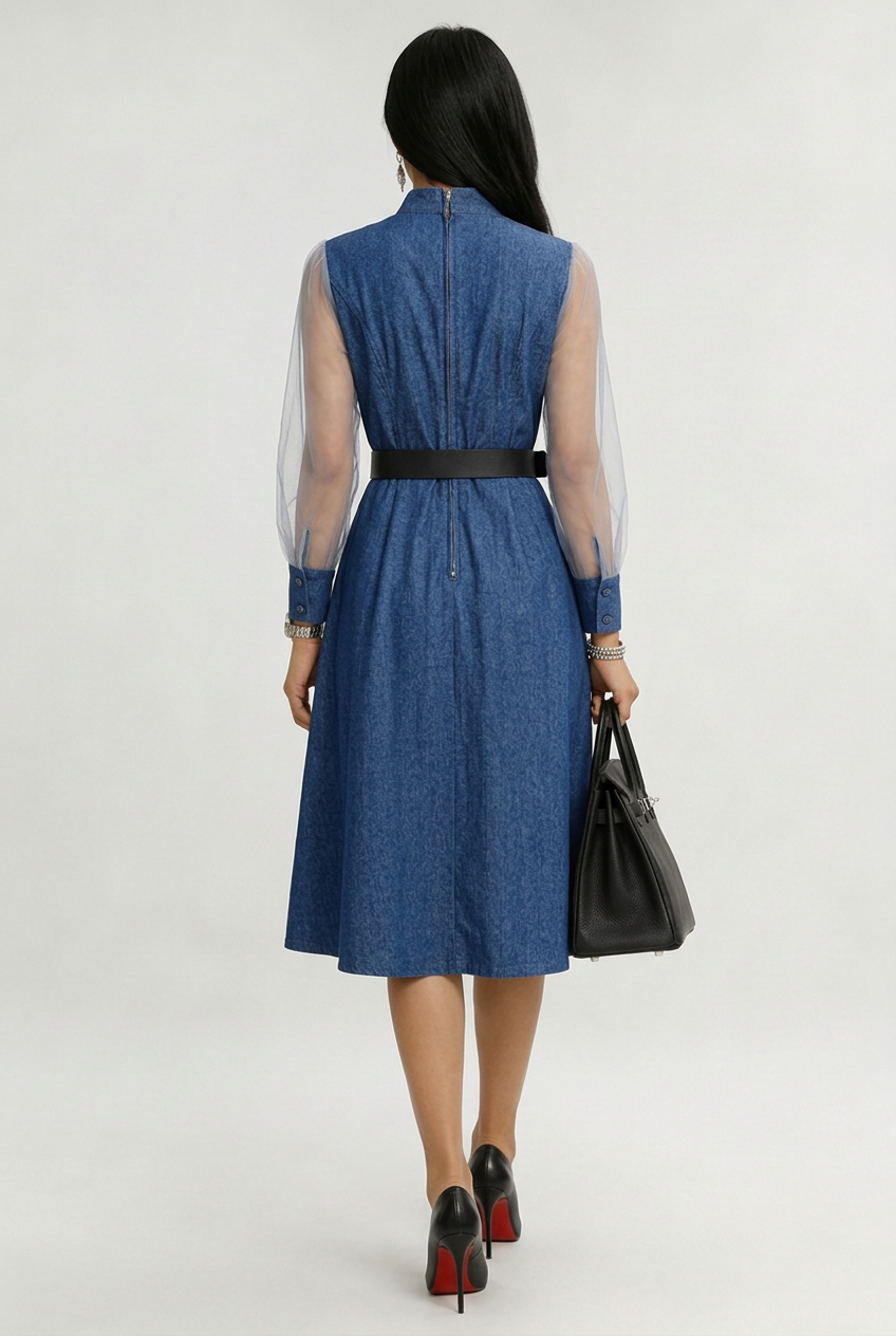 Etta Blue Denim Wrap Midi Dress with Sheer Sleeves & Belt