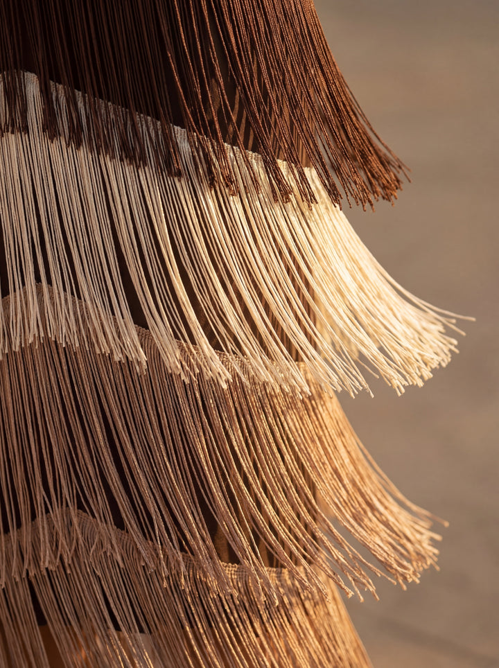 Close-up of Emma & Rose Cape Town Sage Fringe Dress fabric detail showing intricate fringe and textured material.