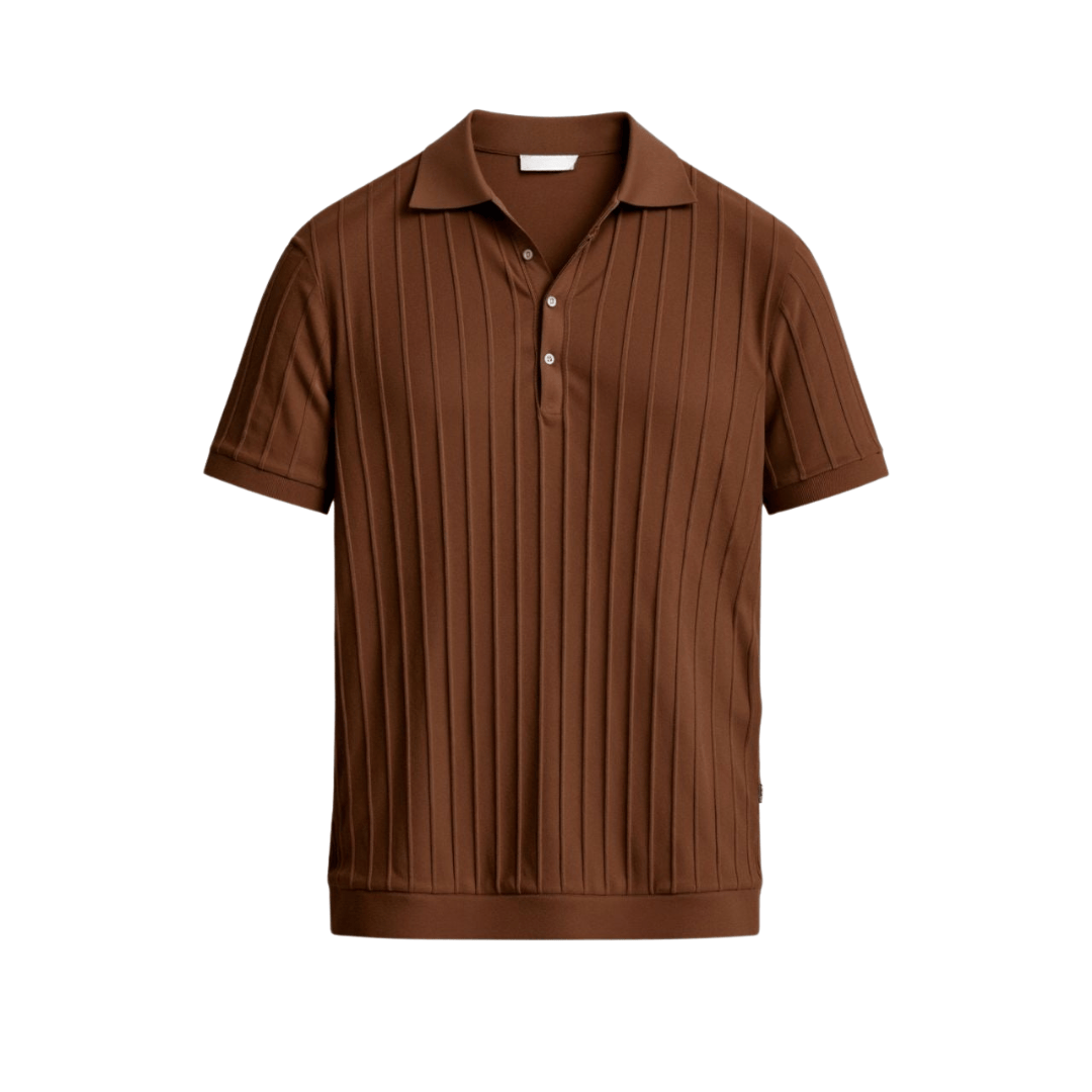 Emma & Rose Manhattan Vertical™ striped button-up polo shirt with a classic collar and long sleeves, featuring bold vertical stripes.