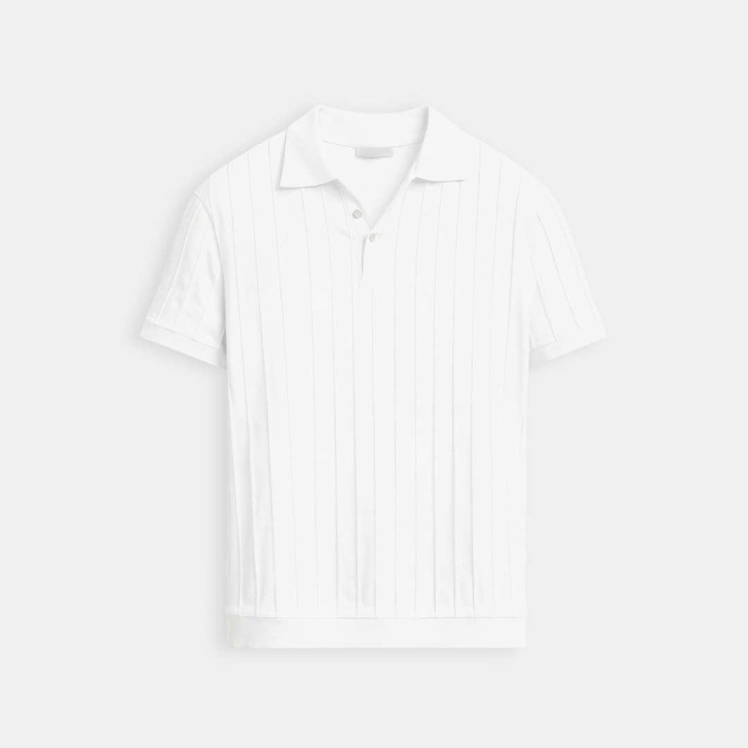 Emma & Rose Manhattan Vertical™ striped button-up polo shirt featuring a classic collar and long sleeves.