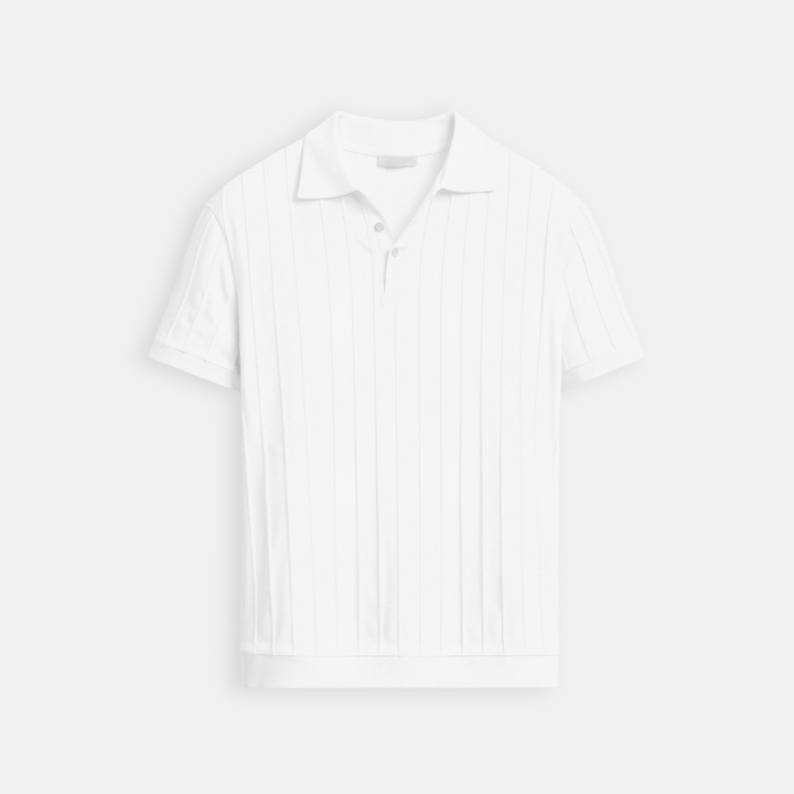 Emma & Rose Manhattan Vertical™ striped button-up polo shirt featuring a classic collar and long sleeves.