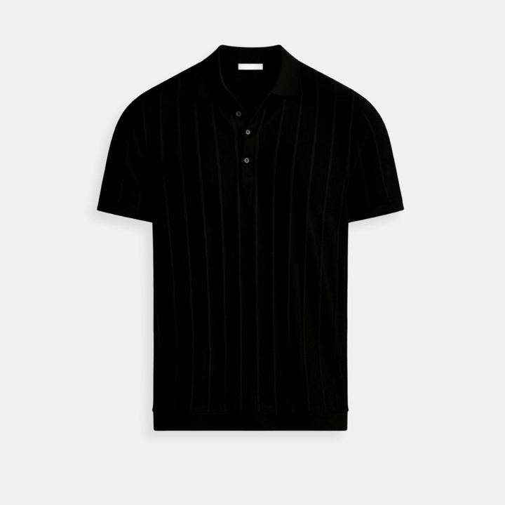 Emma & Rose Manhattan Vertical™ striped button-up polo shirt with a classic collar and short sleeves.