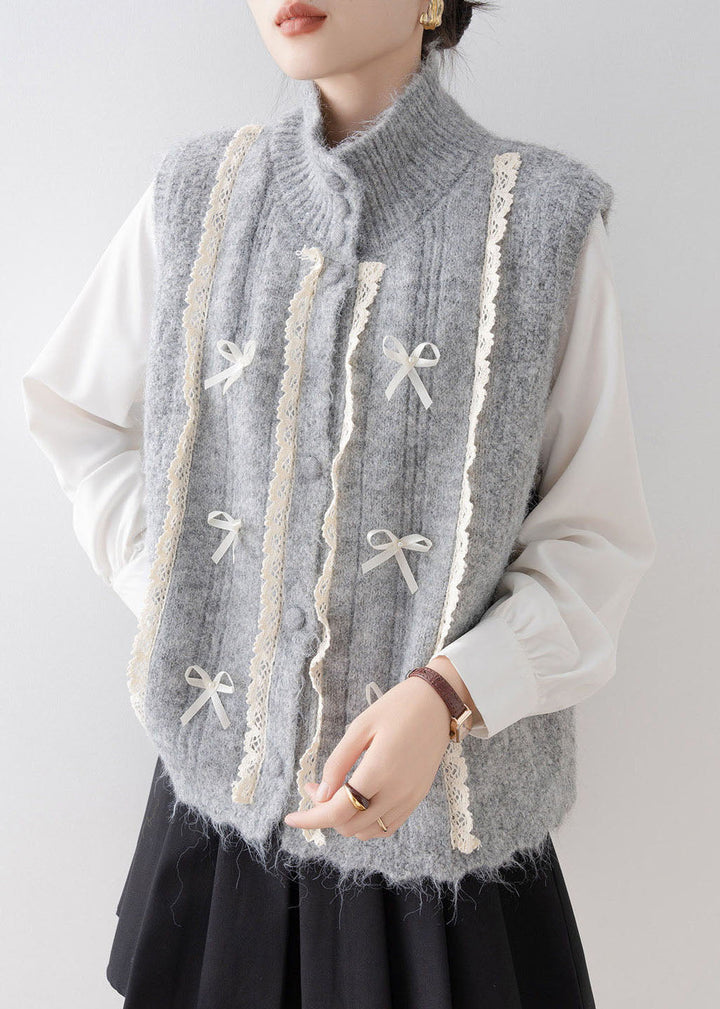 Ladies' Vest with Stand-up Collar and Lace Patchwork