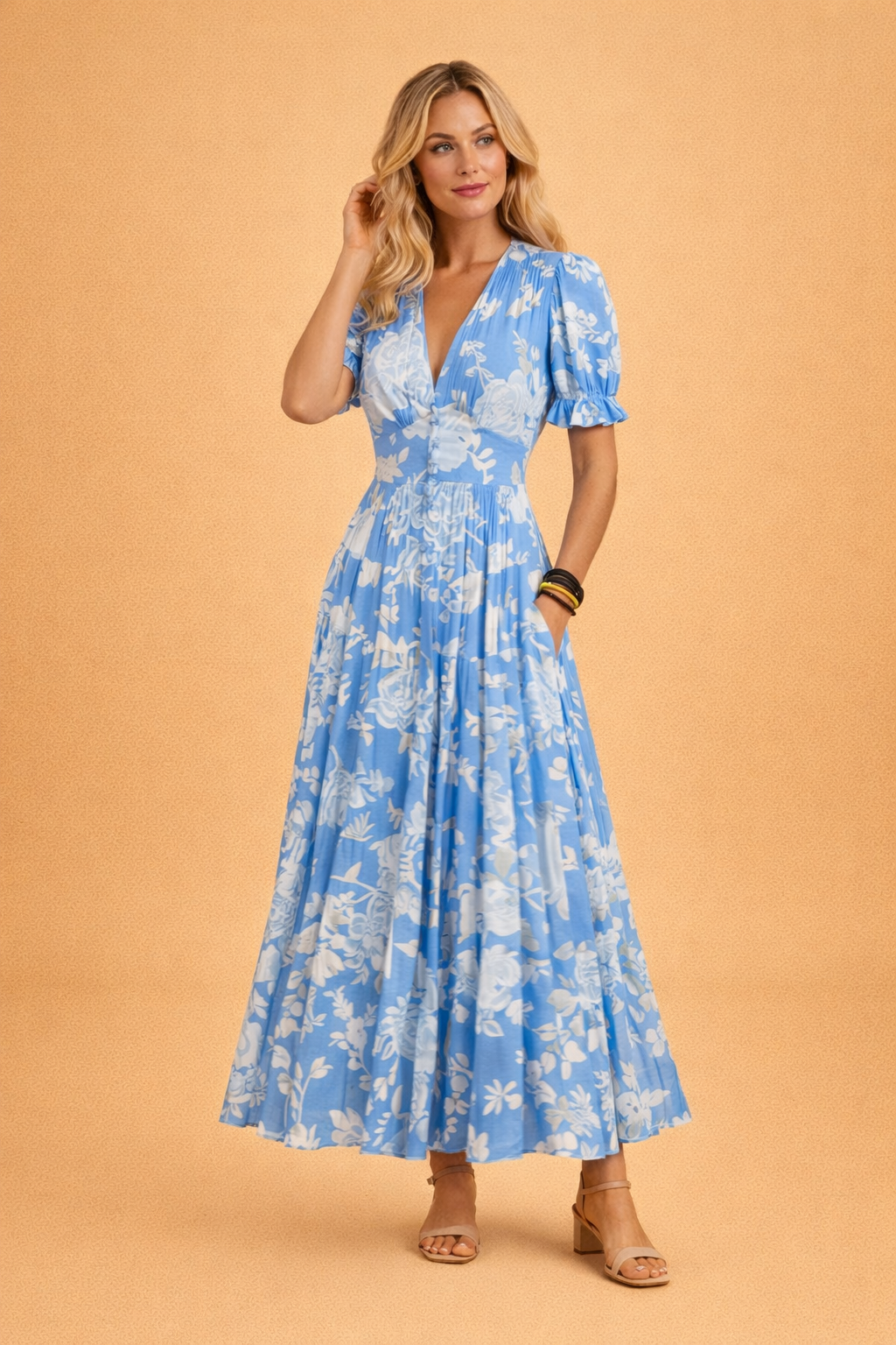 Women's Flowy Floral V-Neck Maxi Dress