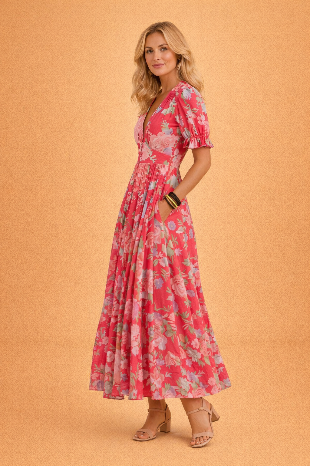 Women's Flowy Floral V-Neck Maxi Dress