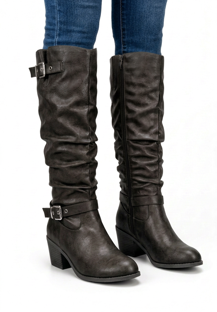 High Knee Pleated Effect Block Heel Boots with Decorative Buckles for Women