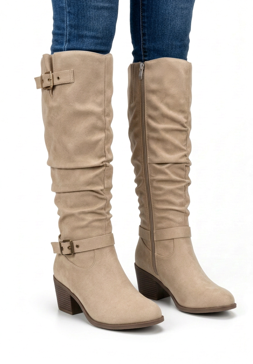 High Knee Pleated Effect Block Heel Boots with Decorative Buckles for Women