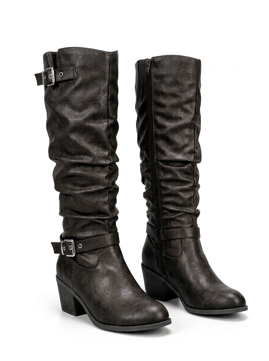 High Knee Pleated Effect Block Heel Boots with Decorative Buckles for Women