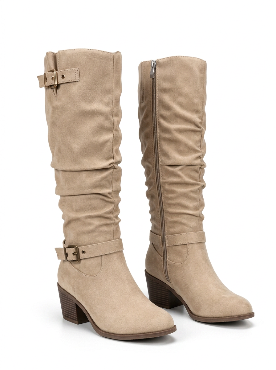 High Knee Pleated Effect Block Heel Boots with Decorative Buckles for Women