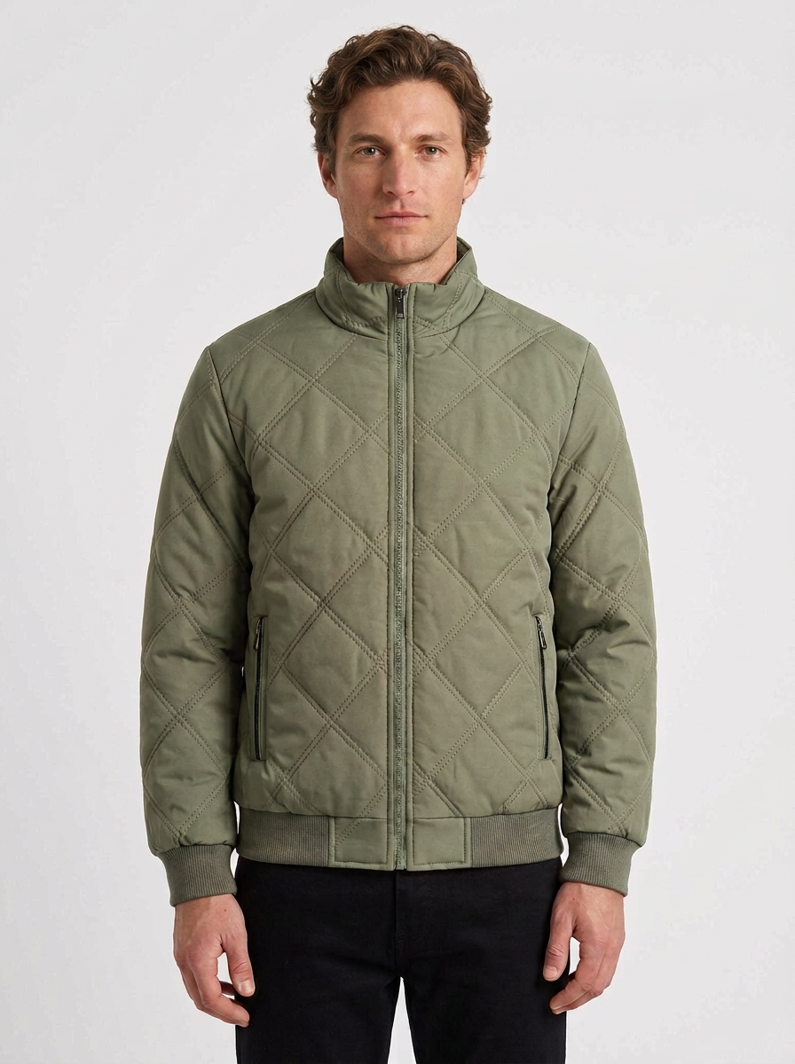 Diamond Quilted Jacket with High Collar for Men