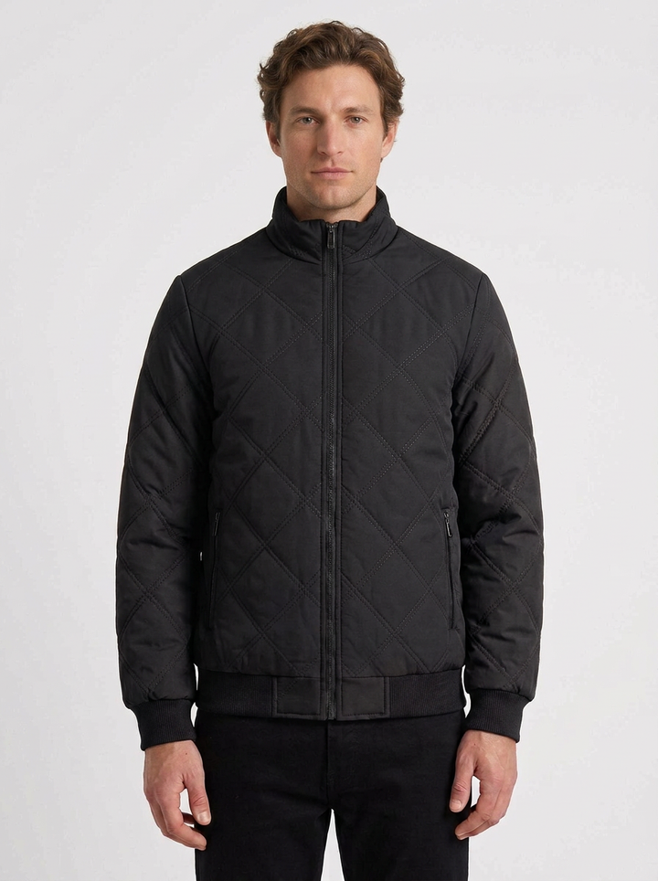 Diamond Quilted Jacket with High Collar for Men
